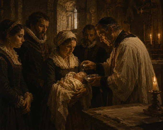 Illustration historique — Le petit Jean Du Puy, baptisé en urgence
