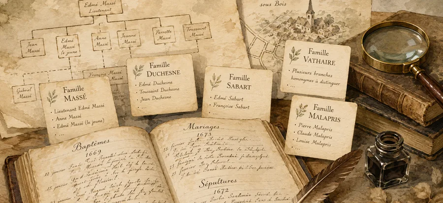 Registres paroissiaux, fiches de familles, arbre généalogique, carte ancienne, loupe et plume illustrant les familles rencontrées au fil des dépouillements