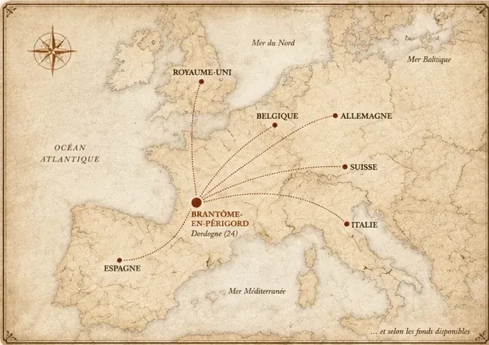 Carte ancienne reliant Brantôme-en-Périgord à plusieurs pays européens