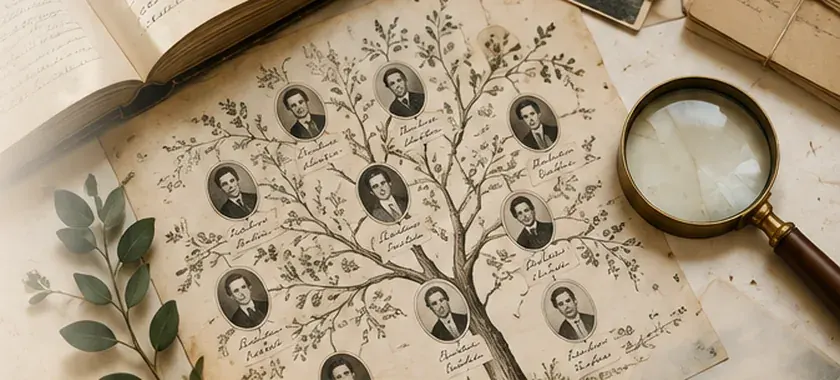 Table de recherche généalogique avec arbre familial, registre ancien, loupe et documents d’archives