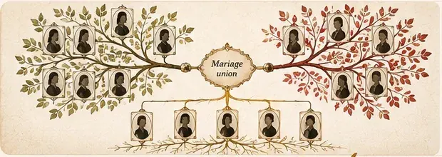 Illustration de deux lignées familiales se rejoignant par une union