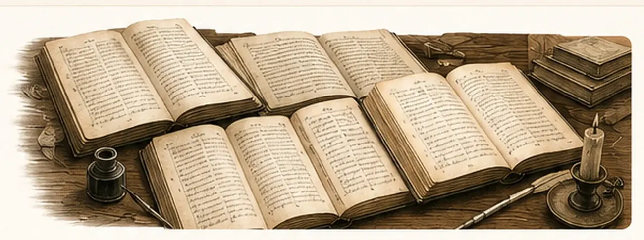 Plusieurs registres paroissiaux anciens ouverts sur une table