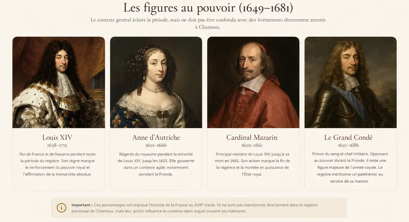 Les figures au pouvoir entre 1649 et 1681 : Louis XIV, Anne d’Autriche, le cardinal Mazarin et le Grand Condé
