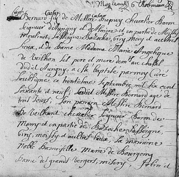 Extrait ancien de registre paroissial manuscrit, première partie de l’acte