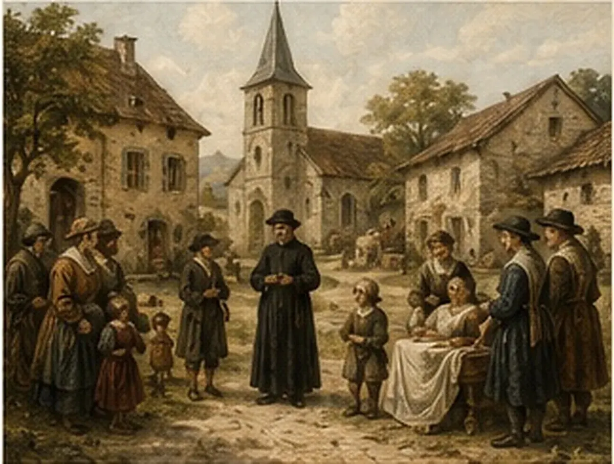 Scène historique illustrée de la vie paroissiale à Chamoux au XVIIe siècle