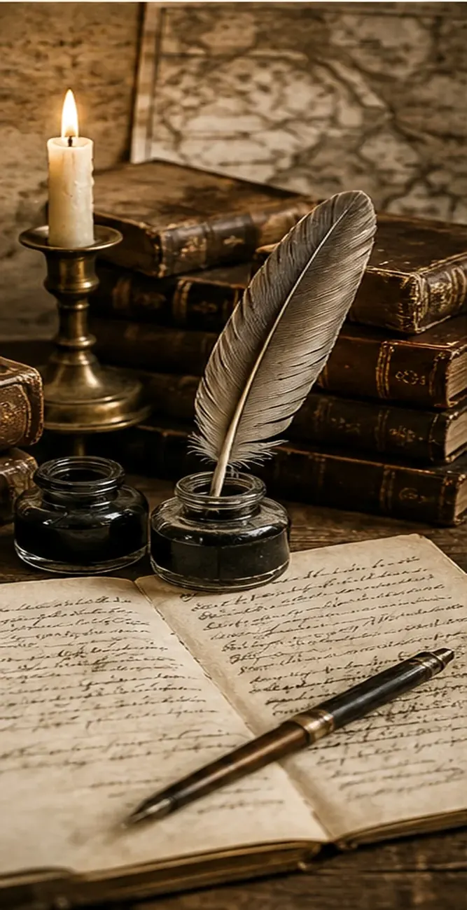 Registre ancien ouvert, plume, bougie et documents de recherche généalogique