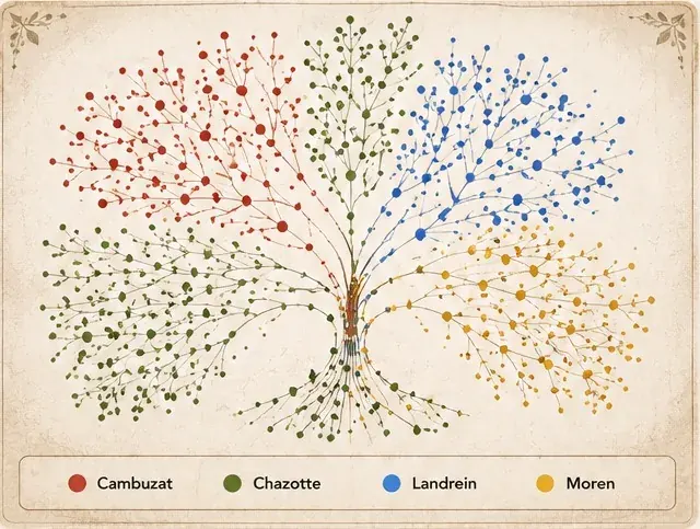 Arbre généalogique stylisé représentant les quatre lignées Cambuzat, Chazotte, Landrein et Moren