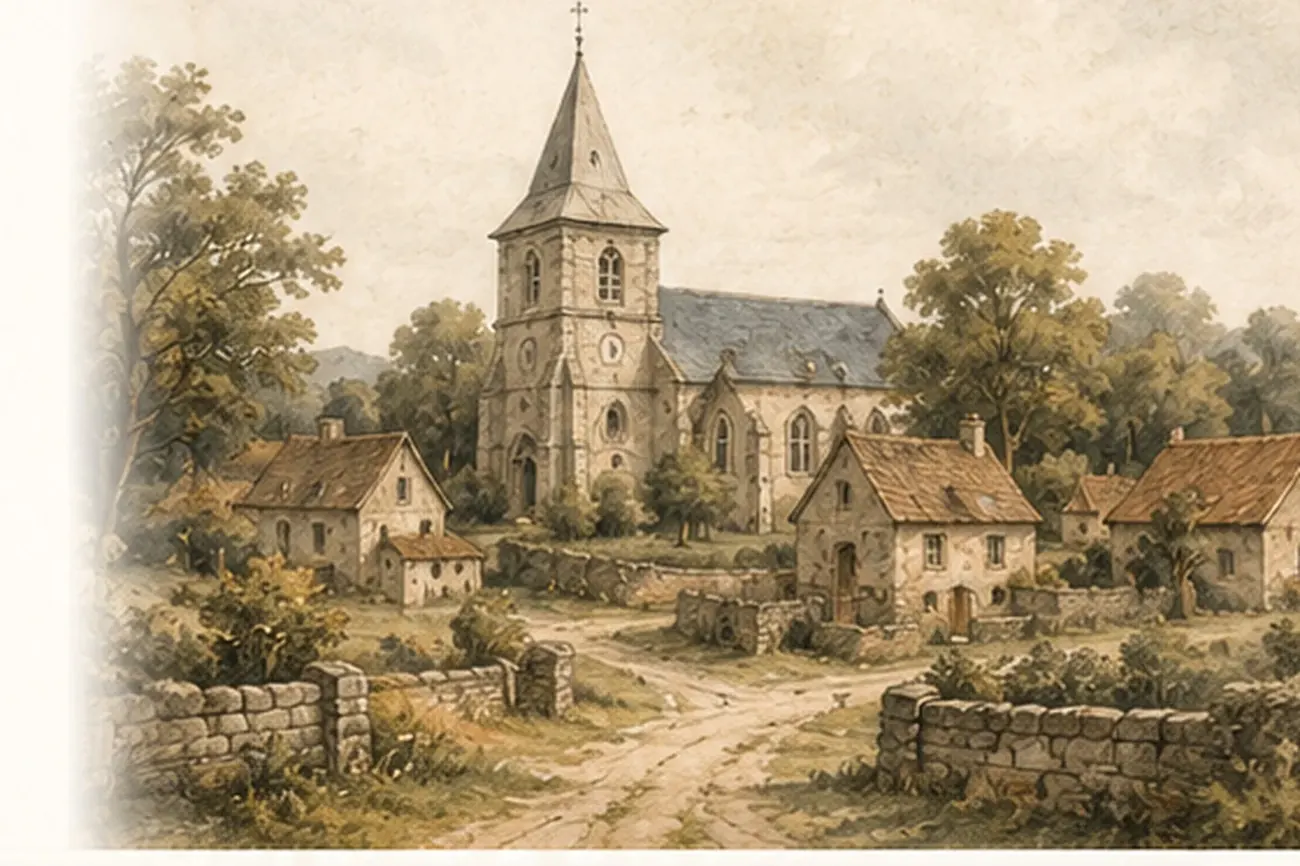 Reconstitution estimée d’Asnières-sous-Bois vers 1700, dans l’esprit visuel du registre de Chamoux