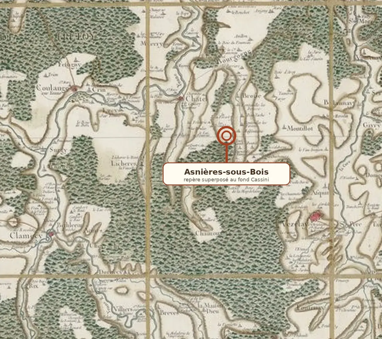 Extrait de la carte de Cassini autour d’Asnières-sous-Bois avec repère du village