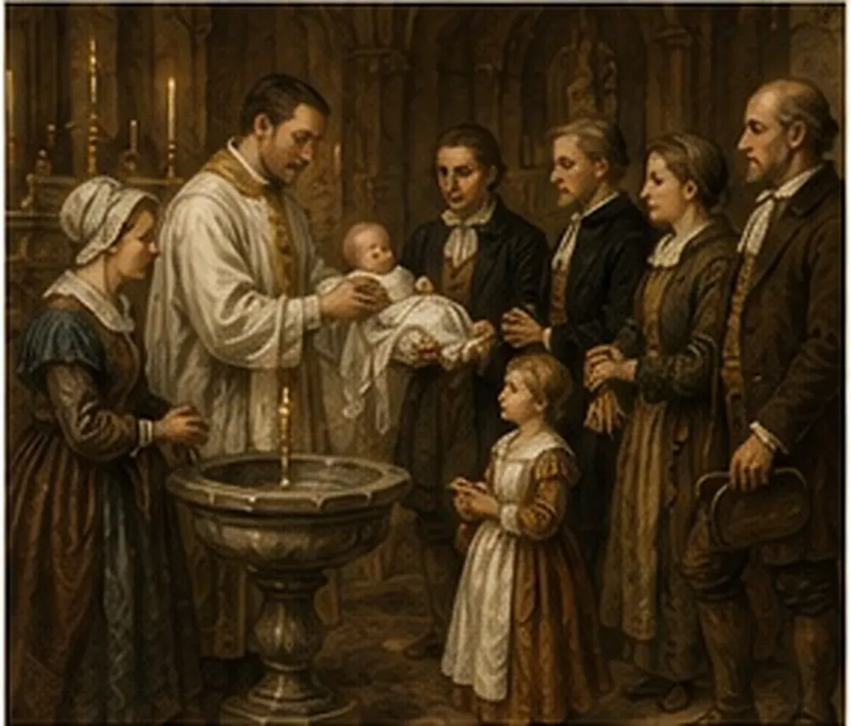Scène historique illustrée d’un baptême et des liens familiaux à Chamoux