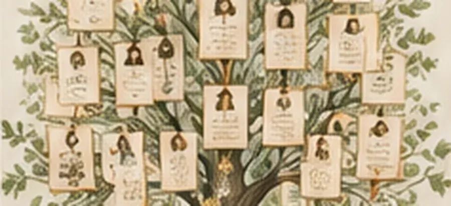 Illustration d’un arbre généalogique ancien représentant les familles rencontrées au fil des registres