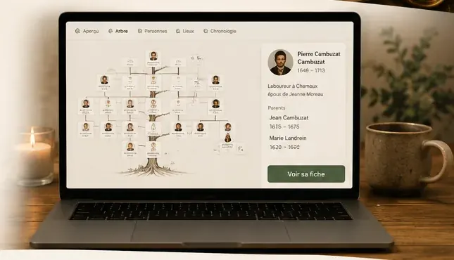 Aperçu de l’arbre généalogique interactif affiché sur un ordinateur
