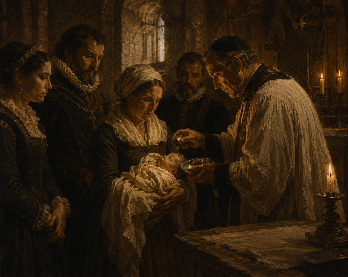 Reconstitution évocatrice d’un baptême dans une chapelle seigneuriale au XVIIe siècle