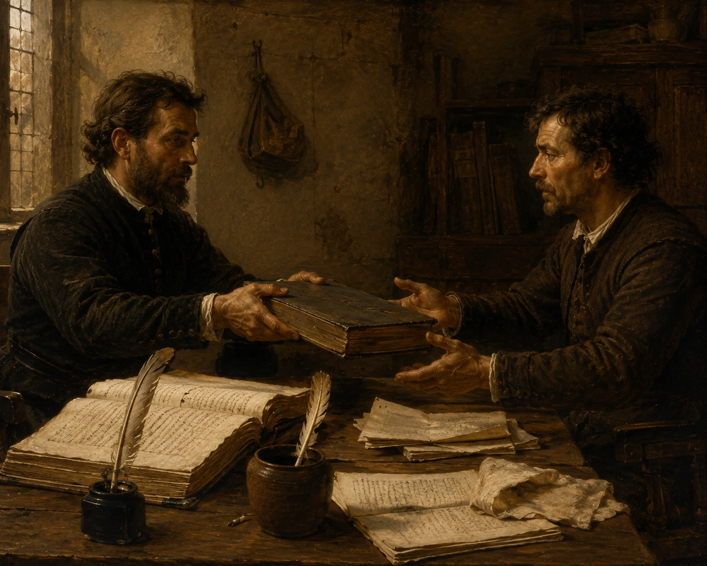 Reconstitution évocatrice de deux hommes transmettant un registre au XVIIe siècle